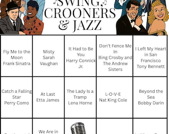 BINGO MUSICALE - Swing, Crooners e Jazz, 20 cartelle del bingo, playlist inclusa, download digitale