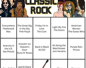 Klassieke rockmuziekbingo, 20 kaarten, Spotify-afspeellijst (digitale download)