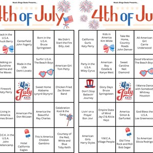 K&ouml;nnte beinhalten: Eine Bingo-Karte zum Thema 4. Juli mit Songtiteln und K&uuml;nstlernamen. Die Karte enth&auml;lt Titel wie "American Girl" und "Sweet Home Alabama" mit patriotischen Bildern wie Feuerwerk und Flaggen.