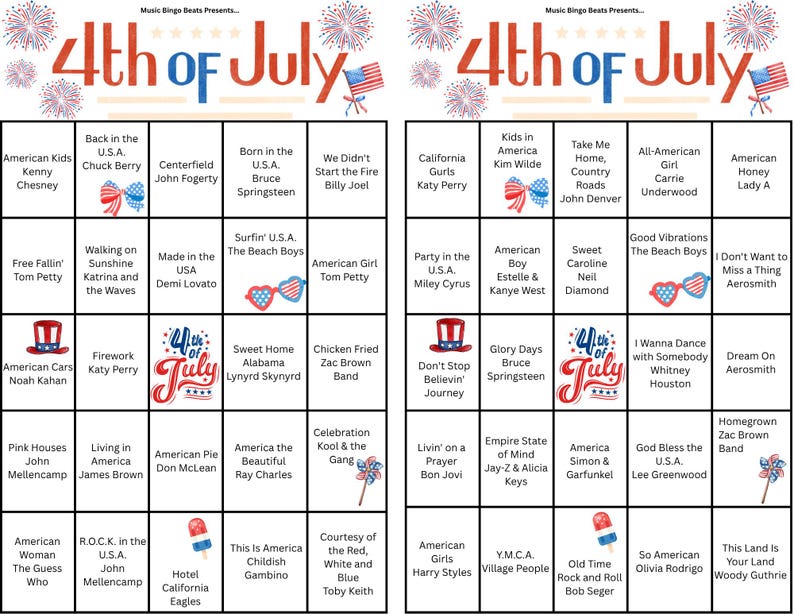 K&ouml;nnte beinhalten: Eine Bingo-Karte zum Thema 4. Juli mit Songtiteln und K&uuml;nstlernamen. Die Karte enth&auml;lt Titel wie "American Girl" und "Sweet Home Alabama" mit patriotischen Bildern wie Feuerwerk und Flaggen.
