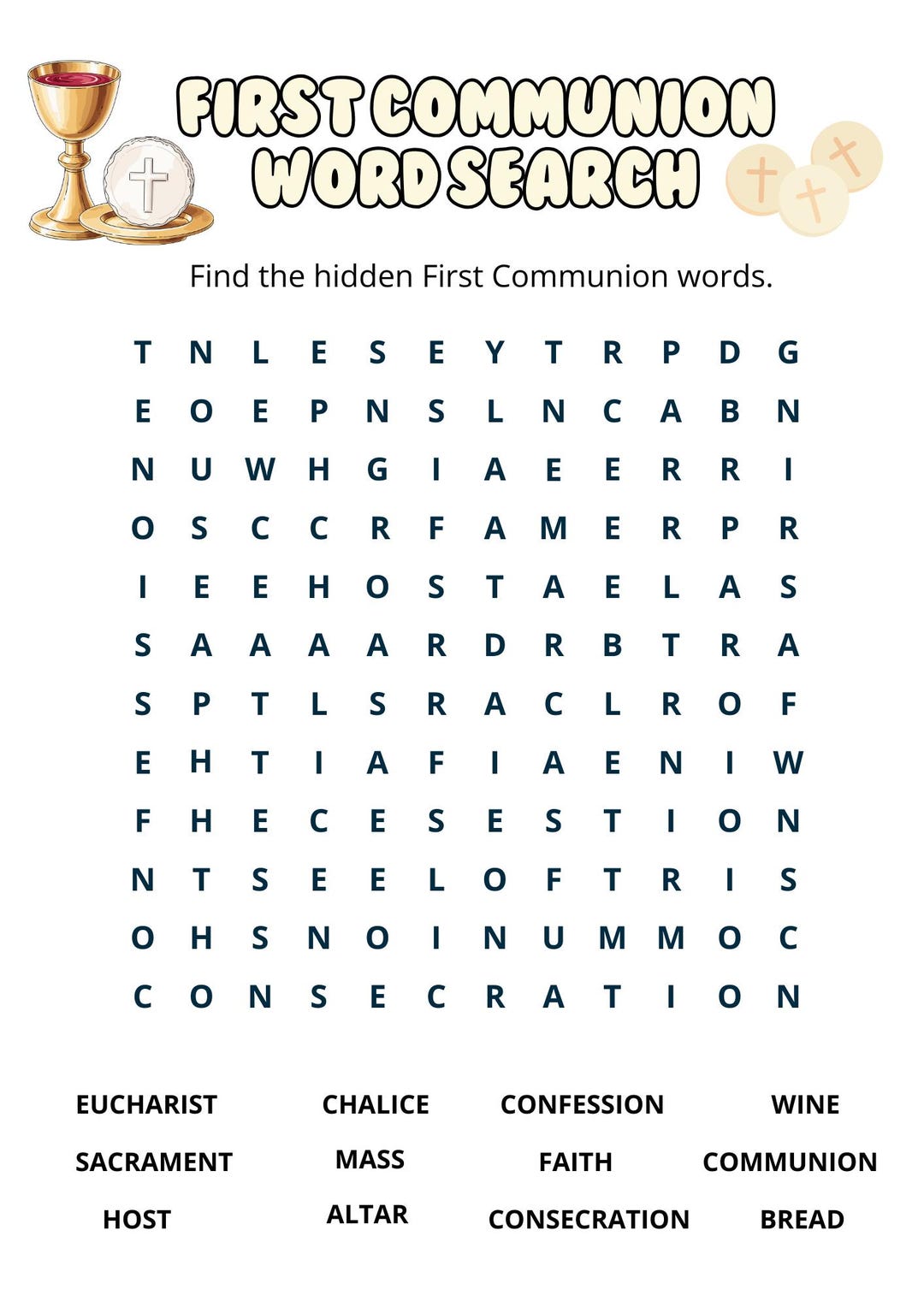 First Communion Word Search for Kids | Catholic Printable Activity - Etsy