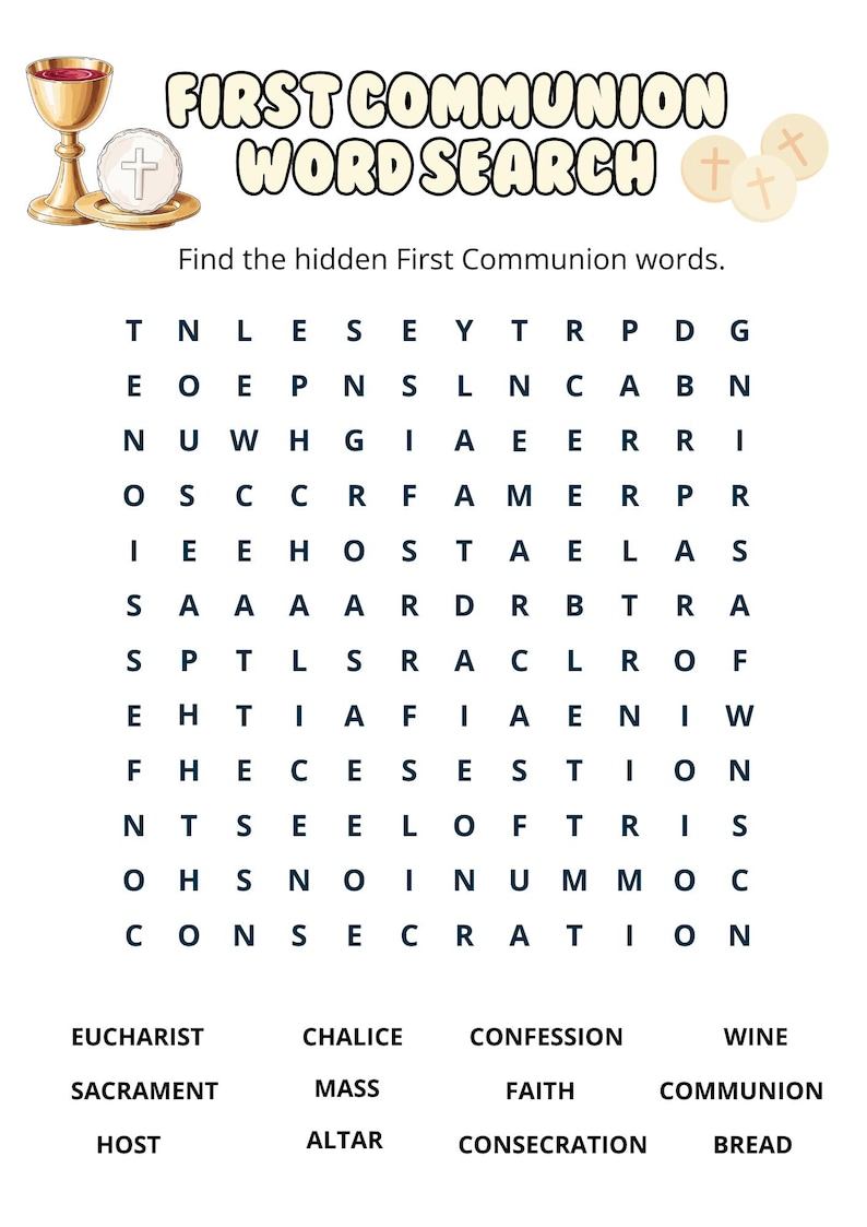 First Communion Word Search for Kids | Catholic Printable Activity - Etsy