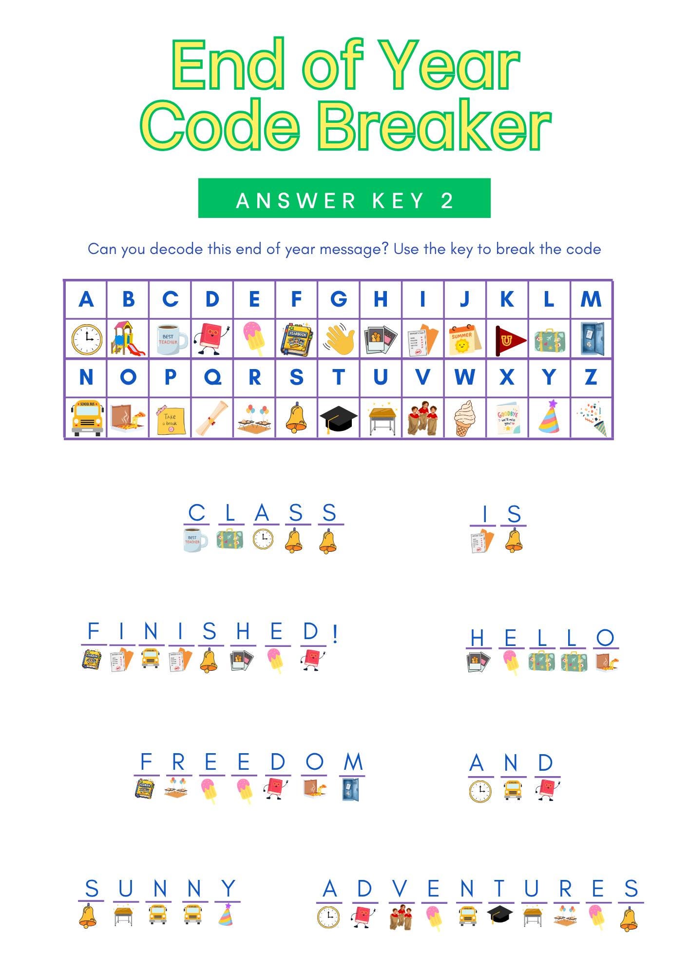 End of Year Code Breaker, Kids Printable, Summer Party Game, Decoder ...