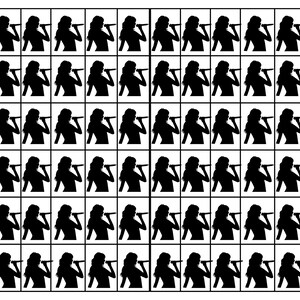 May include: A grid of black silhouette images of a person singing into a microphone. The person has long hair and is holding the microphone in front of their mouth. The images are on a white background.