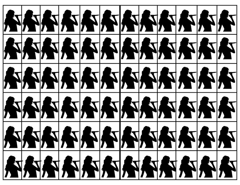 May include: A grid of black silhouette images of a person singing into a microphone. The person has long hair and is holding the microphone in front of their mouth. The images are on a white background.