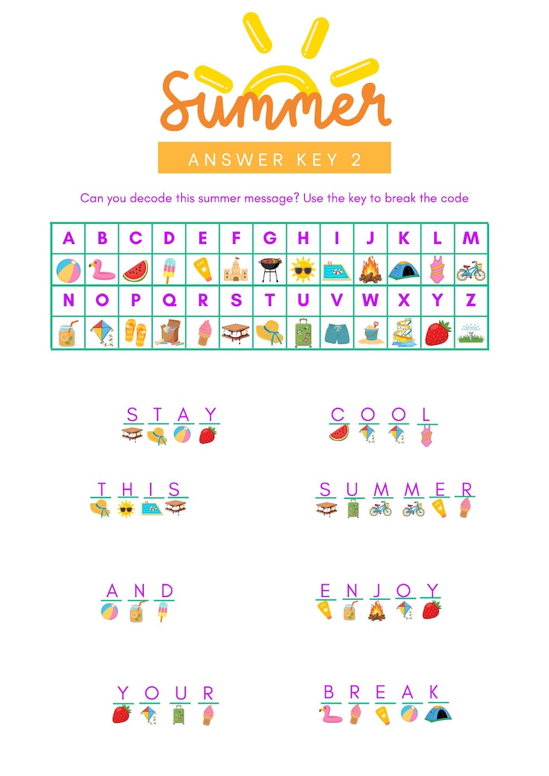 Summer Code Breaker, Kids Printable, Summer Party Game, Decoder ...