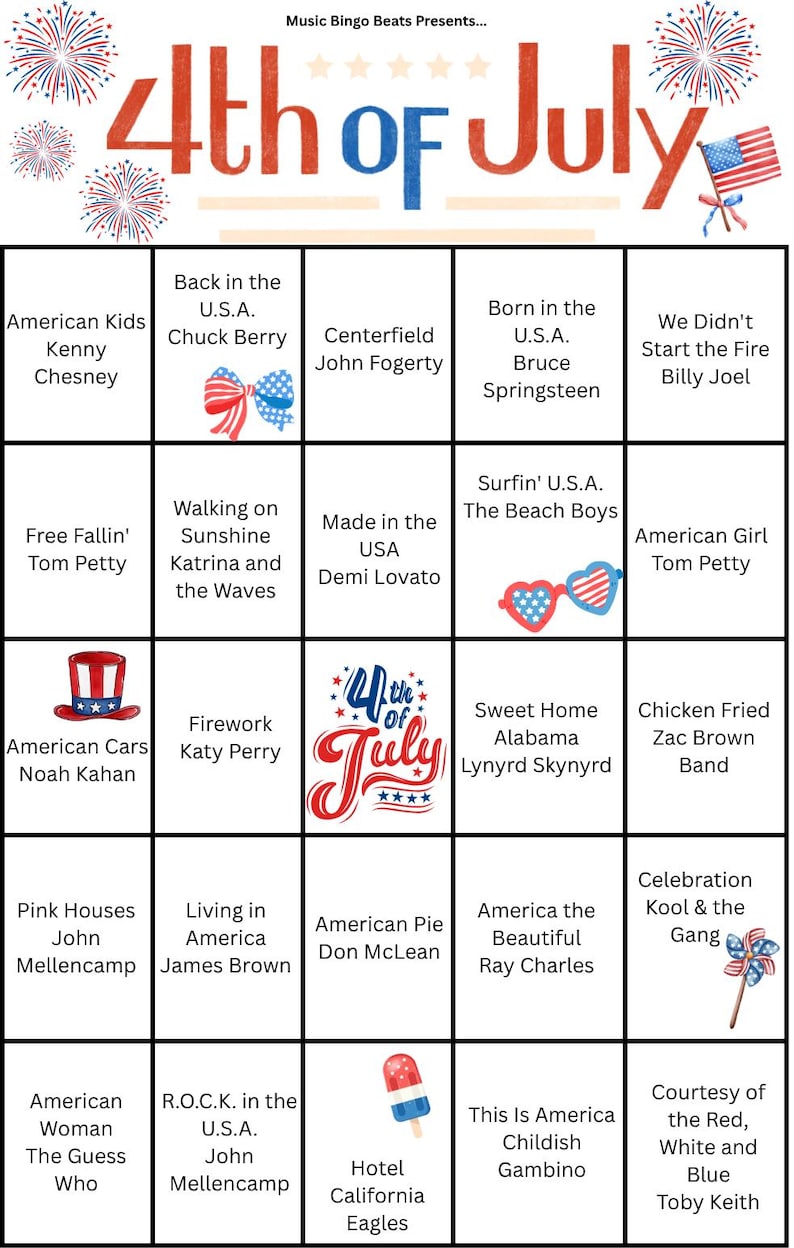 K&ouml;nnte beinhalten: Eine Bingo-Karte zum 4. Juli mit roten, wei&szlig;en und blauen Grafiken. Die Karte zeigt Songtitel und K&uuml;nstlernamen, darunter "American Girl" von Tom Petty und "Sweet Home Alabama" von Lynyrd Skynyrd. Feuerwerk und eine amerikanische Flagge sind ebenfalls abgebildet.