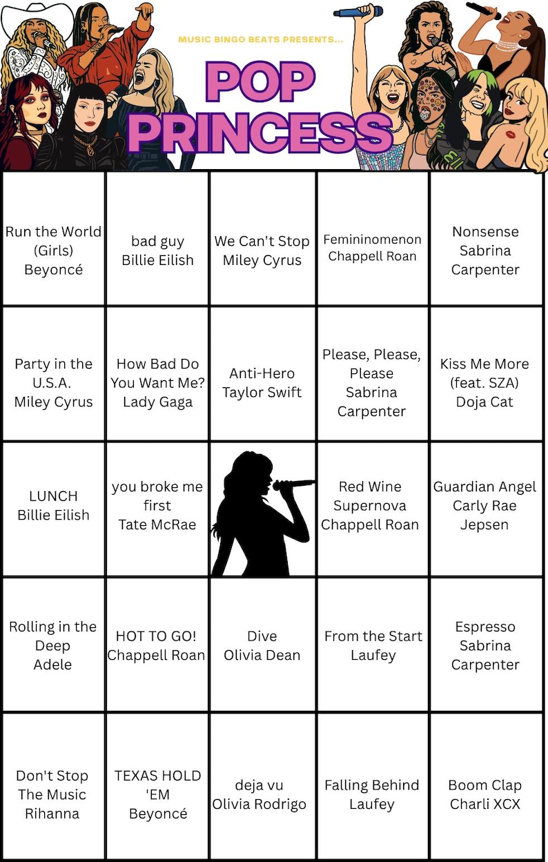 May include: Pop Princess bingo card featuring popular female artists like Beyonc&eacute;, Billie Eilish, and Taylor Swift. The card includes song titles such as "Run the World," "bad guy," and "Anti-Hero."