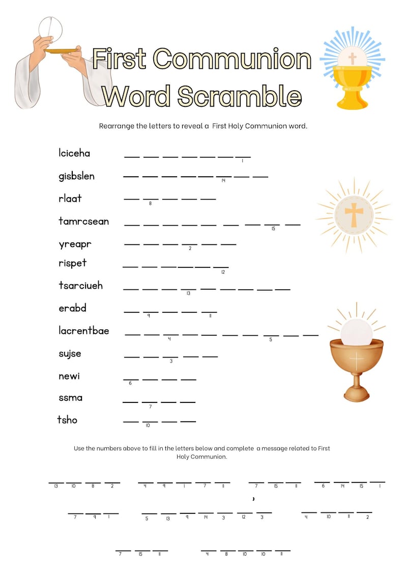 First Communion Word Scramble Printable | Catholic Activity for Kids - Etsy