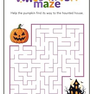 May include: A Halloween maze activity sheet featuring the text "HALLOWEEN maze" and "Help the pumpkin find its way to the haunted house." The page includes a purple-lined maze, an orange jack-o'-lantern, and a dark haunted house illustration.
