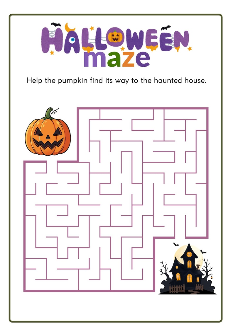 May include: A Halloween maze activity sheet featuring the text "HALLOWEEN maze" and "Help the pumpkin find its way to the haunted house." The page includes a purple-lined maze, an orange jack-o'-lantern, and a dark haunted house illustration.