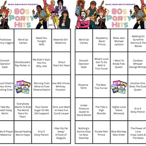 K&ouml;nnte beinhalten: Bingokarte mit dem Thema 80er-Jahre-Party-Hits, die Songtitel und K&uuml;nstlernamen anzeigt. Der obere Teil der Karte zeigt eine farbenfrohe Grafik mit den Worten "80s Party Hits" und Bildern von Musikern. Die Karte ist in Quadrate unterteilt.