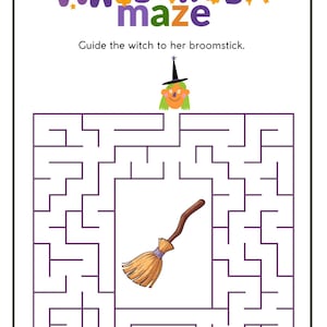 May include: A Halloween maze activity sheet featuring the text HALLOWEEN maze and Guide the witch to her broomstick. The puzzle displays a cartoon witch with a black hat and a brown broomstick, surrounded by a purple maze border on a white background.
