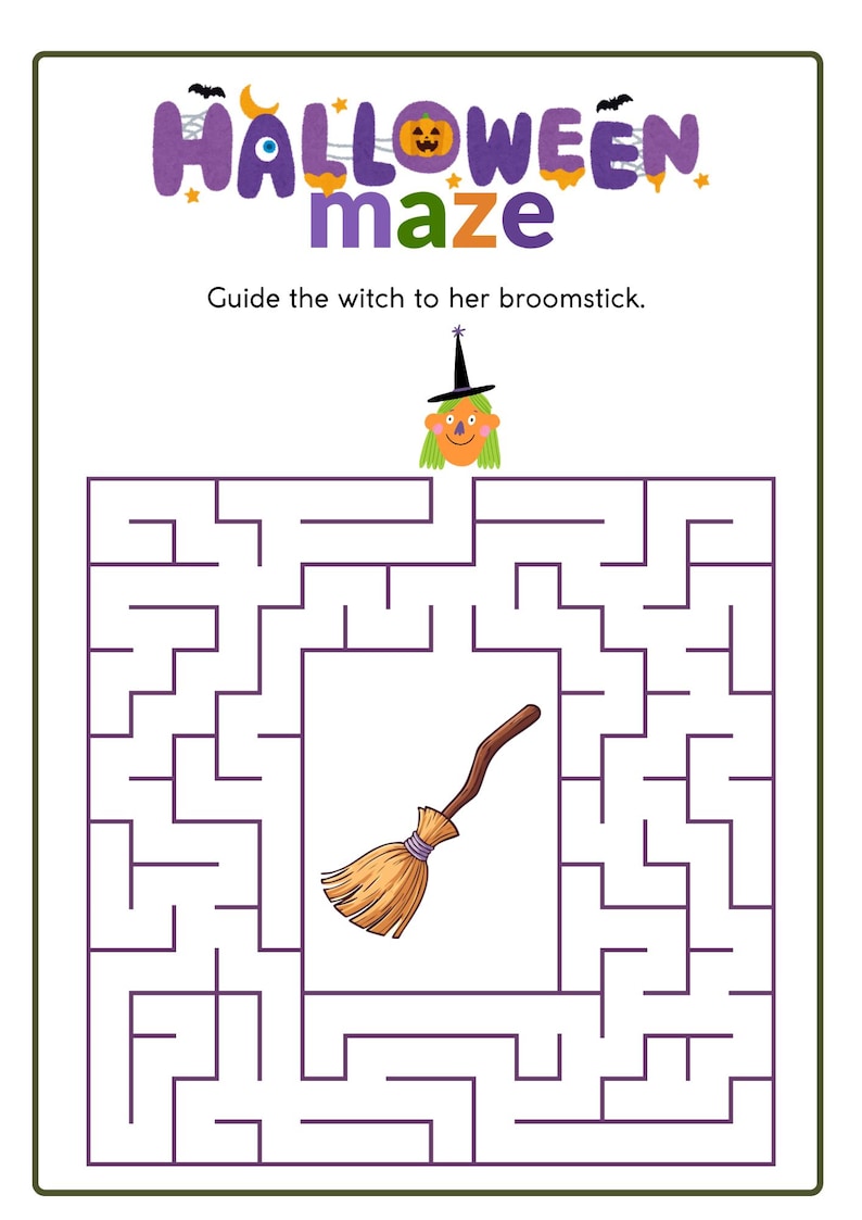 May include: A Halloween maze activity sheet featuring the text HALLOWEEN maze and Guide the witch to her broomstick. The puzzle displays a cartoon witch with a black hat and a brown broomstick, surrounded by a purple maze border on a white background.