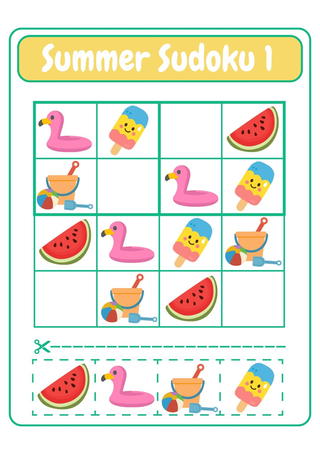 Summer Sudoku for Kids, Kid Printable Logic Puzzle, Summer Classroom ...