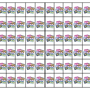 K&ouml;nnte beinhalten: Ein sich wiederholendes Muster aus farbenfrohen Musikkassetten. Jede Kassette hat ein einzigartiges Design mit Farbt&ouml;nen von Rosa, Gelb, Blau und Schwarz. Das Bild hat eine Retro-&Auml;sthetik, wobei die Kassetten in einem Raster angeordnet sind.