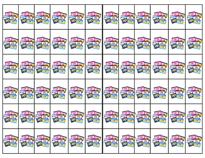 K&ouml;nnte beinhalten: Ein sich wiederholendes Muster aus farbenfrohen Musikkassetten. Jede Kassette hat ein einzigartiges Design mit Farbt&ouml;nen von Rosa, Gelb, Blau und Schwarz. Das Bild hat eine Retro-&Auml;sthetik, wobei die Kassetten in einem Raster angeordnet sind.