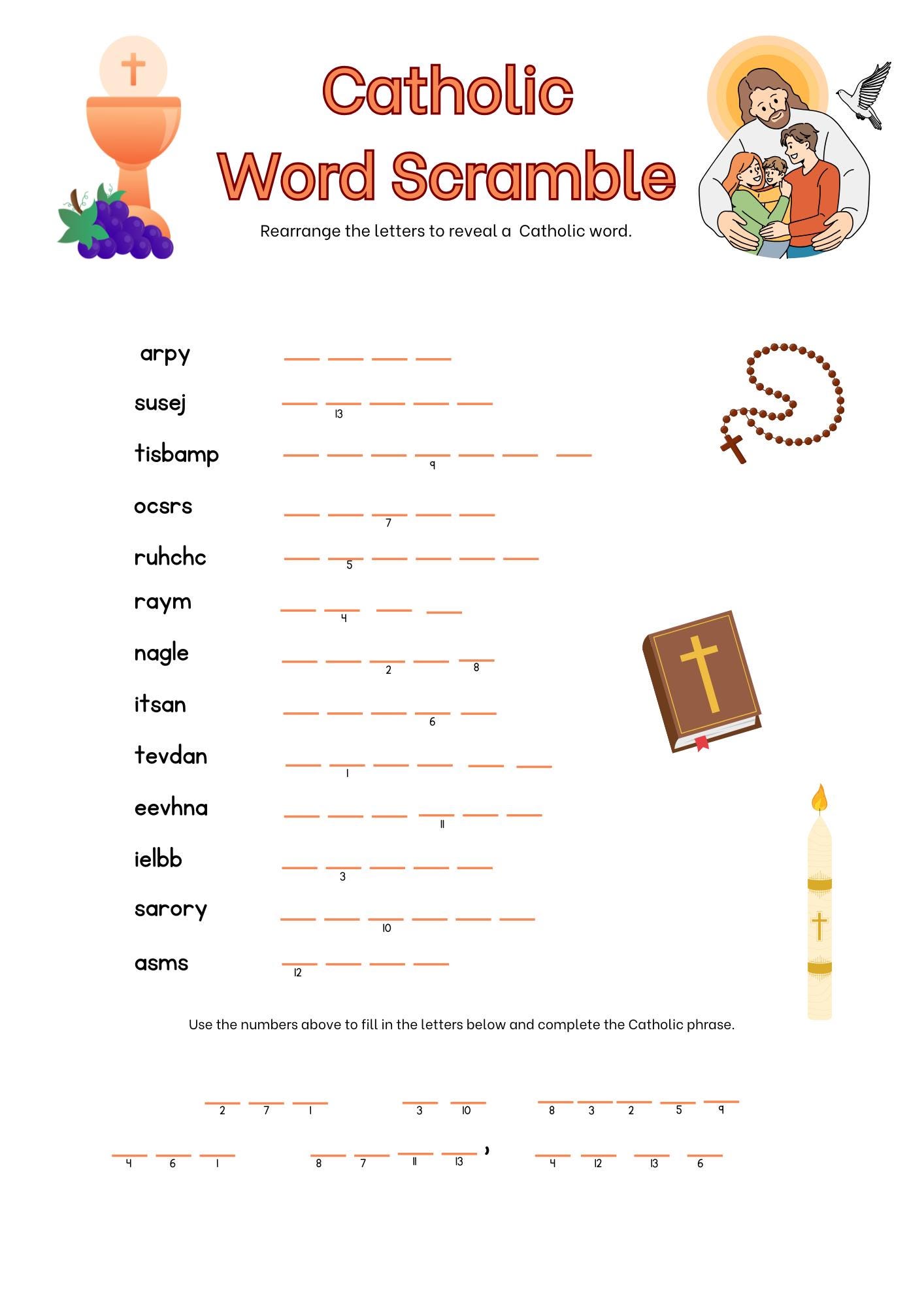 Catholic Word Scramble Printable | Religious Activity for Kids, Sunday ...