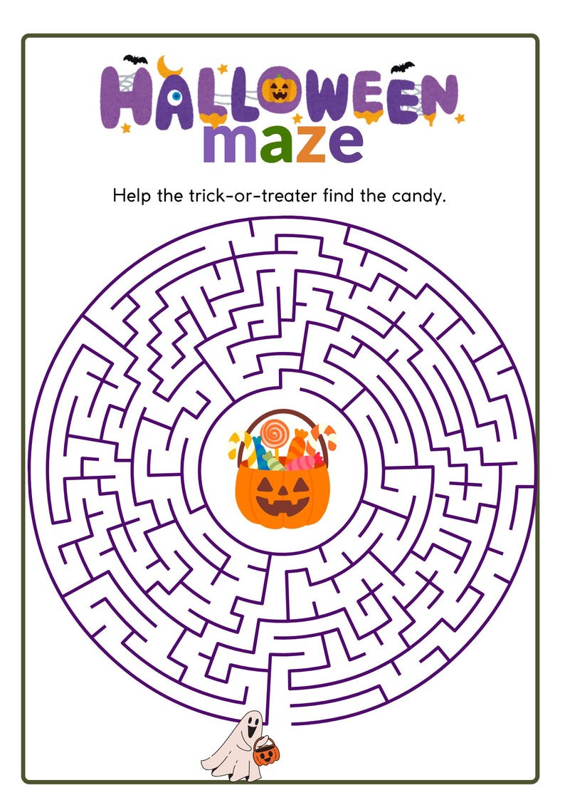 May include: A printable Halloween maze activity sheet featuring the text HALLOWEEN maze and Help the trick-or-treater find the candy. The circular purple maze surrounds a central orange jack-o'-lantern bucket filled with colorful candy.