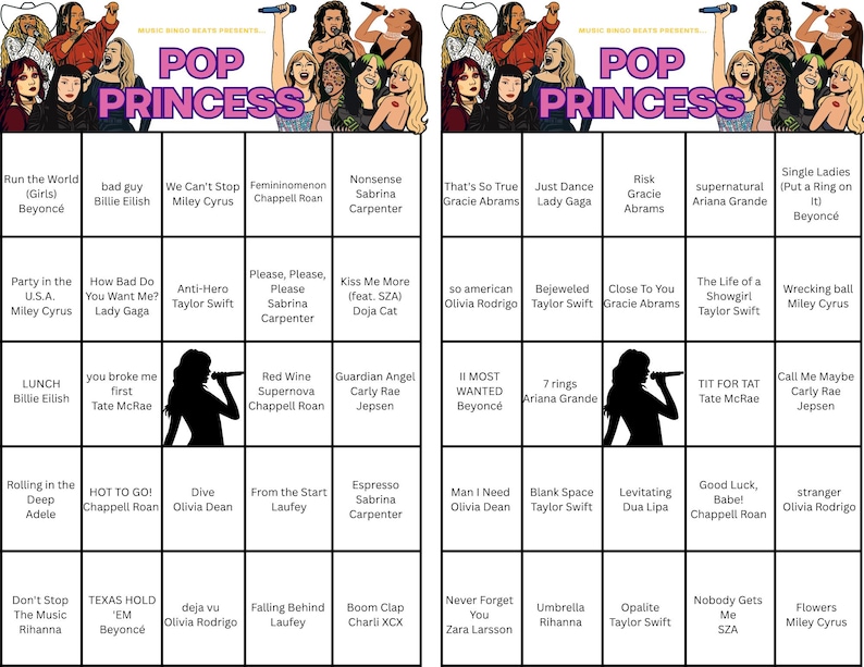 May include: A Pop Princess bingo card featuring a grid of pop star names and song titles. The top of the card has the words "Pop Princess" in a pink and purple font. The card includes artists like Beyonc&eacute;, Taylor Swift, and Ariana Grande.