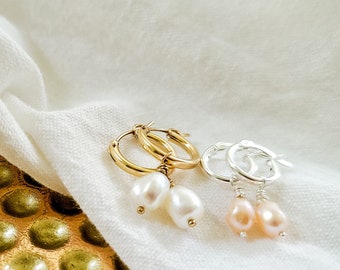 Pearl and Hoop Earrings in Gold Filled and Sterling Silver - in Two Sizes of Hoops