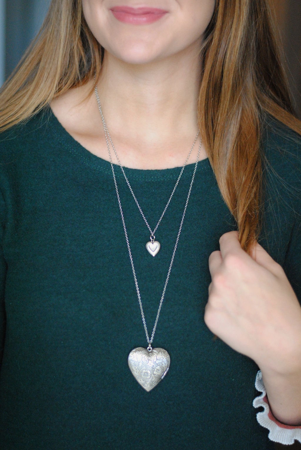 TWO Silver Heart Locket Necklaces 