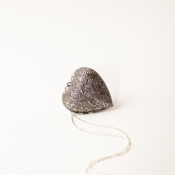 Antique Silver Locket - Heart Locket - Long Locket - Layering Necklace - Floral Locket - Bridesmaid Locket - Flowergirl Locket -Large Locket