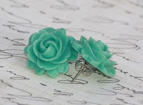 Items similar to Vintage Turquoise Rose Earrings - Bridesmaid Rose ...