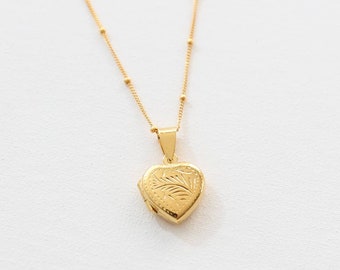 Sterling Silver or Gold Filled Dainty Etched Floral Heart Locket on Satellite Chain – We can Add Photos