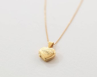 Sterling Silver or Gold Filled Dainty Etched Floral Heart Locket on Rolo Chain – We can Add Photos