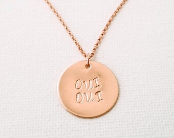 Oui Oui Handstamped Rose Gold Coin Necklace - Gold Disc Necklace - Personalized Necklace - Gifts for her - Sterling Silver Necklace