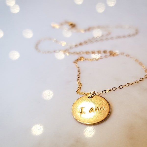 I am Self Affirmation Necklace - Self Affirmations Necklace - Mental Health Necklace - Self Love Necklace - Affirmations Gift - Gold Disc