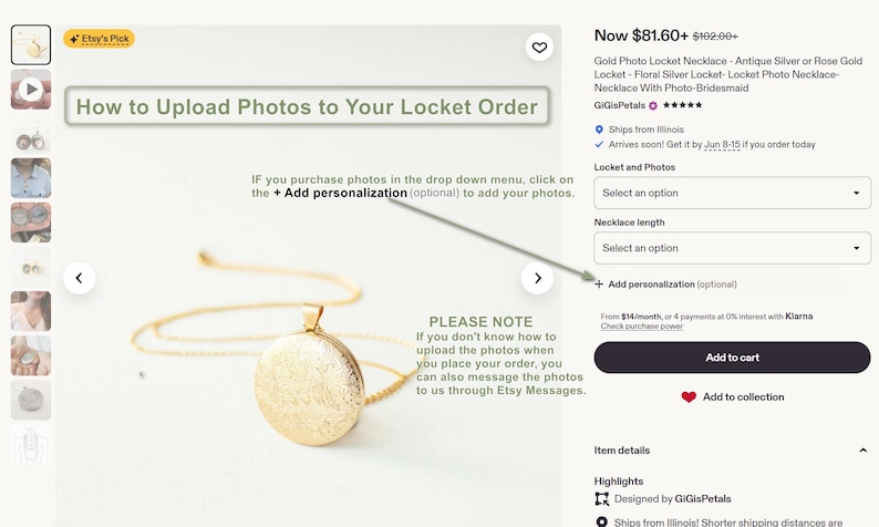 Peut inclure: Un m&eacute;daillon circulaire dor&eacute; avec un motif floral grav&eacute; sur le devant. L'image contient le texte explicatif : How to Upload Photos to Your Locket Order, ainsi qu'une note indiquant comment ajouter des photos via le bouton Add personalization.