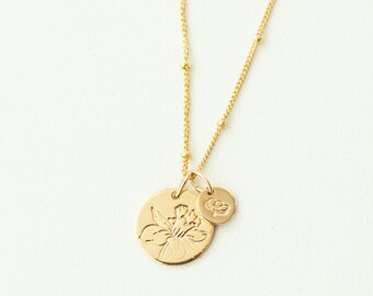 Birth Month Flower 13mm (1/2 inch) and 6mm (1/4 inch) Discs Mama Necklace on Satellite Chain