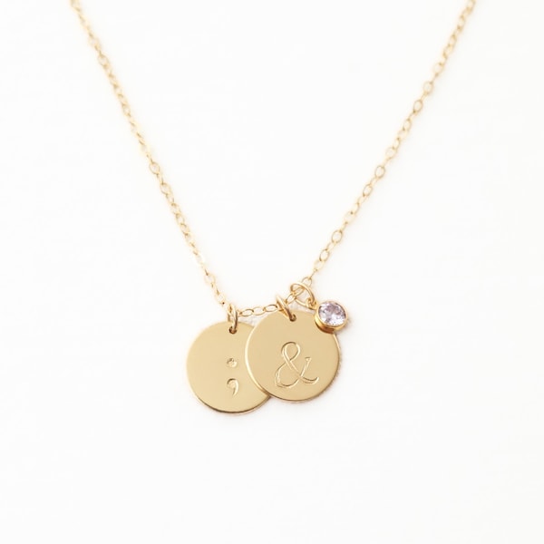 Collier Projet Point-virgule et Esperluette - Bijou de sensibilisation à la santé mentale en plaqué or et argent sterling