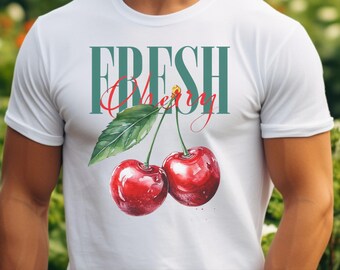 Koszulka w stylu vintage z motywem świeżych wiśni, koszulka z motywem wiśni, koszulki z owocami w stylu retro, damska koszulka graficzna, urocze koszulki w stylu boho, damska koszulka oversize w stylu vintage