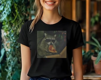 Szop pracz jedzący pizzę - zabawna koszulka z memem Zabawna koszulka z grafiką Zabawna koszulka z prezentem Sarkastyczne koszulki z nowościami Damska koszulka z zabawnym memem szopa pracza w stylu vintage