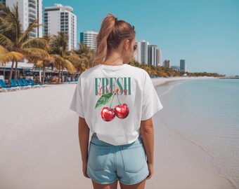 Koszulka w stylu vintage z motywem świeżych wiśni, koszulka z motywem wiśni, koszulki z owocami w stylu retro, damska koszulka graficzna, urocze koszulki w stylu boho, damska koszulka oversize w stylu vintage