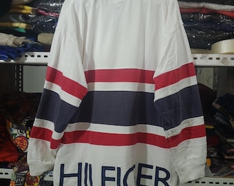 Vintage Tommy Hilfiger Rugby Shirt Big Logo Hilfiger Spell Out Striped Polo Shirt Size M