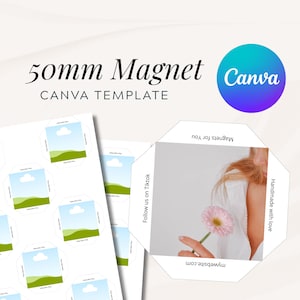 Könnte beinhalten: Ein Bogen weißer Magnete mit Landschaftsdesign und ein Beispielmagnet mit einer Person, die eine rosa Blume hält. Der Text lautet "50mm Magnet Canva Template". Das Canva-Logo ist sichtbar.