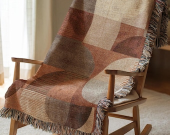 Abstract Geometric Woven Blanket, Terracotta Rust Cream Cotton Throw, Mid Century Modern Bedspread, Cozy Boho Japandi Gift 080