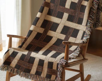 Basketweave Woven Blanket, Neutral Brown and Beige Tapestry Throw, Modern Rustic Bedspread, Cozy Farmhouse Home Decor Gift 073