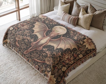 Fantasy Dragon Woven Throw Blanket, Moonlit Gothic Medieval Inspired Tapestry, Cotton Bedspread, Cozy Dark Cottagecore Enchanted Gift 0299