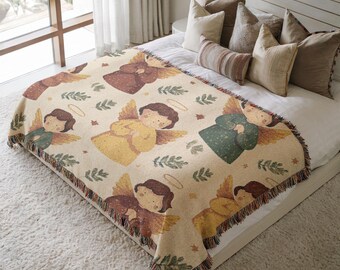 Angel Woven Blanket, Christmas Prayer Throw with Cute Angels & Halos, Cozy Faith Inspired Bedspread, Holiday Gift for Family and Home 0115