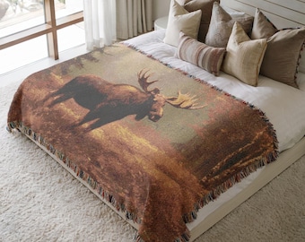 Moose Woven Blanket, Autumn Forest Wildlife Throw, Rustic Cabin Lodge Tapestry Blanket Woodland Animal Decor Nature Outdoors Lover Gift 0153