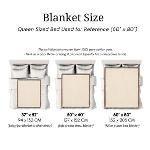 May include: Diagram showing blanket sizes: 37" x 52", 50" x 60", and 60" x 80". The image includes a queen-sized bed for reference. The blankets are shown on beds, with measurements in inches and centimeters. Text states the blankets are made of pure cotton.