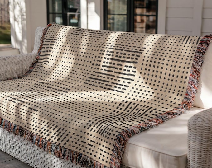 Minimalist Woven Blanket, Black and Cream Cotton Throw with Modern Grid Line Pattern, Japandi Scandinavian Bedspread Cozy Gift 079