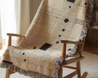 Geometric Woven Blanket, Black Cream Cotton Throw with Bauhaus Inspired Dot and Grid Pattern, Modern Abstract Bedspread Gift 076