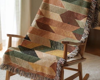 Geometric Woven Blanket, Modern Chevron Throw, Rustic Cotton Bedspread, Japandi Scandinavian Tapestry, Cozy Mid Century Home Gift 0100