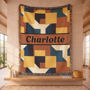 Personalized Name Woven Blanket, Mid Century Geometric Throw, Retro Modern Block Pattern Blanket, Custom Cozy Gift, Modern Home Decor 0371